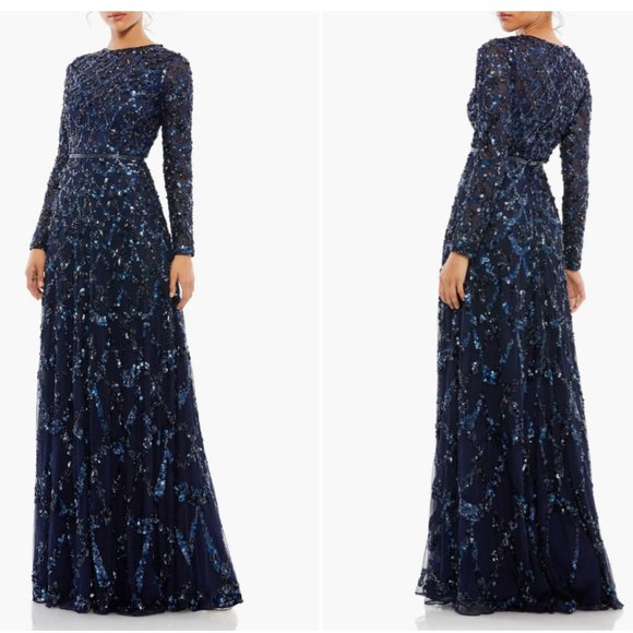MAC DUGGAL 5496 EMBELLISHED ILLUSIONS HIGH NECK A-LINE MIDNIGHT NAVY GOWN sz 24 - Picture 4 of 4